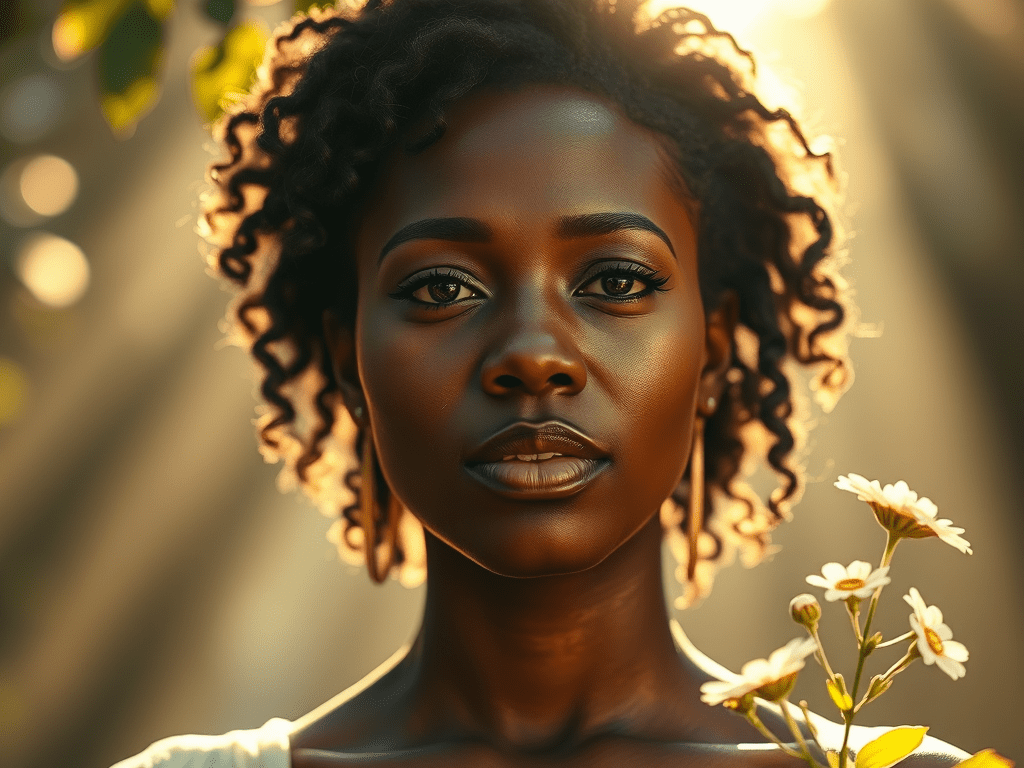 beautiful black woman standing in light after crying person standing transformed