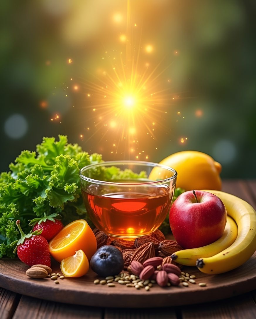 “Colorful organic fruits, leafy greens, nuts, and herbal tea glowing with life-force energy.”