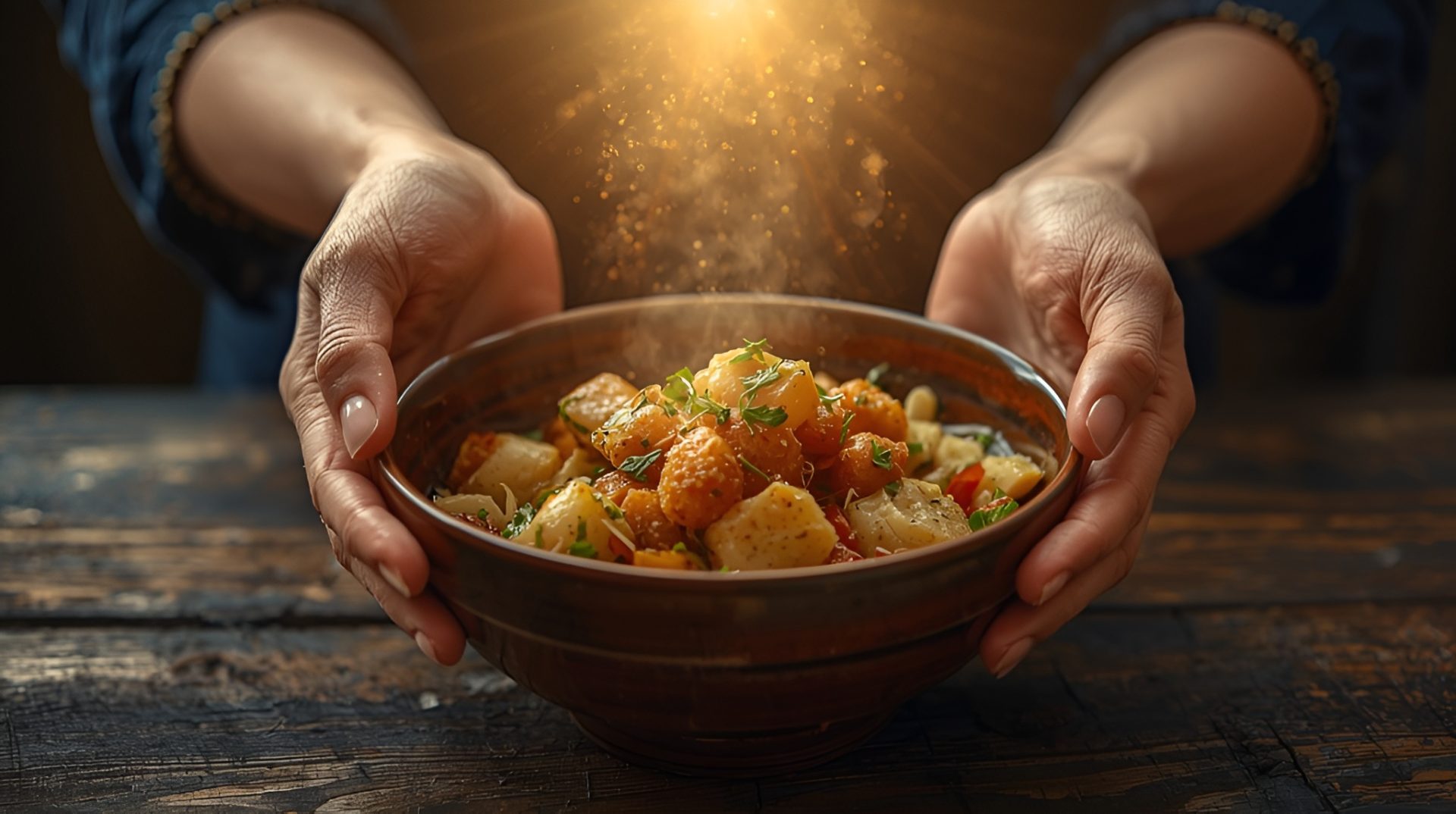 “Hands blessing a bowl of nourishing food with golden light radiating from it.”