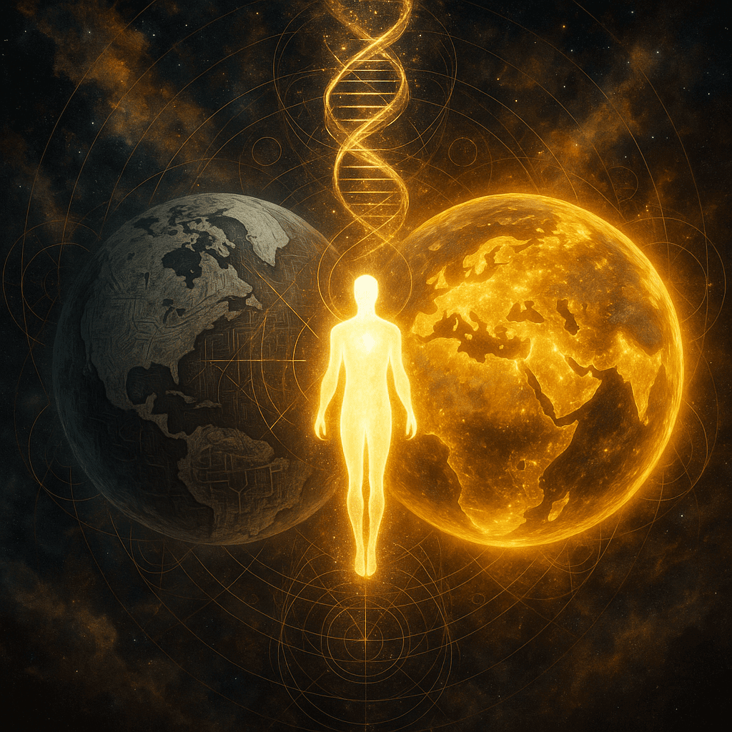Ascension: What This Means for Man and Mankind 3 Hero illustration depicting ascension with overlapping Earths and golden light