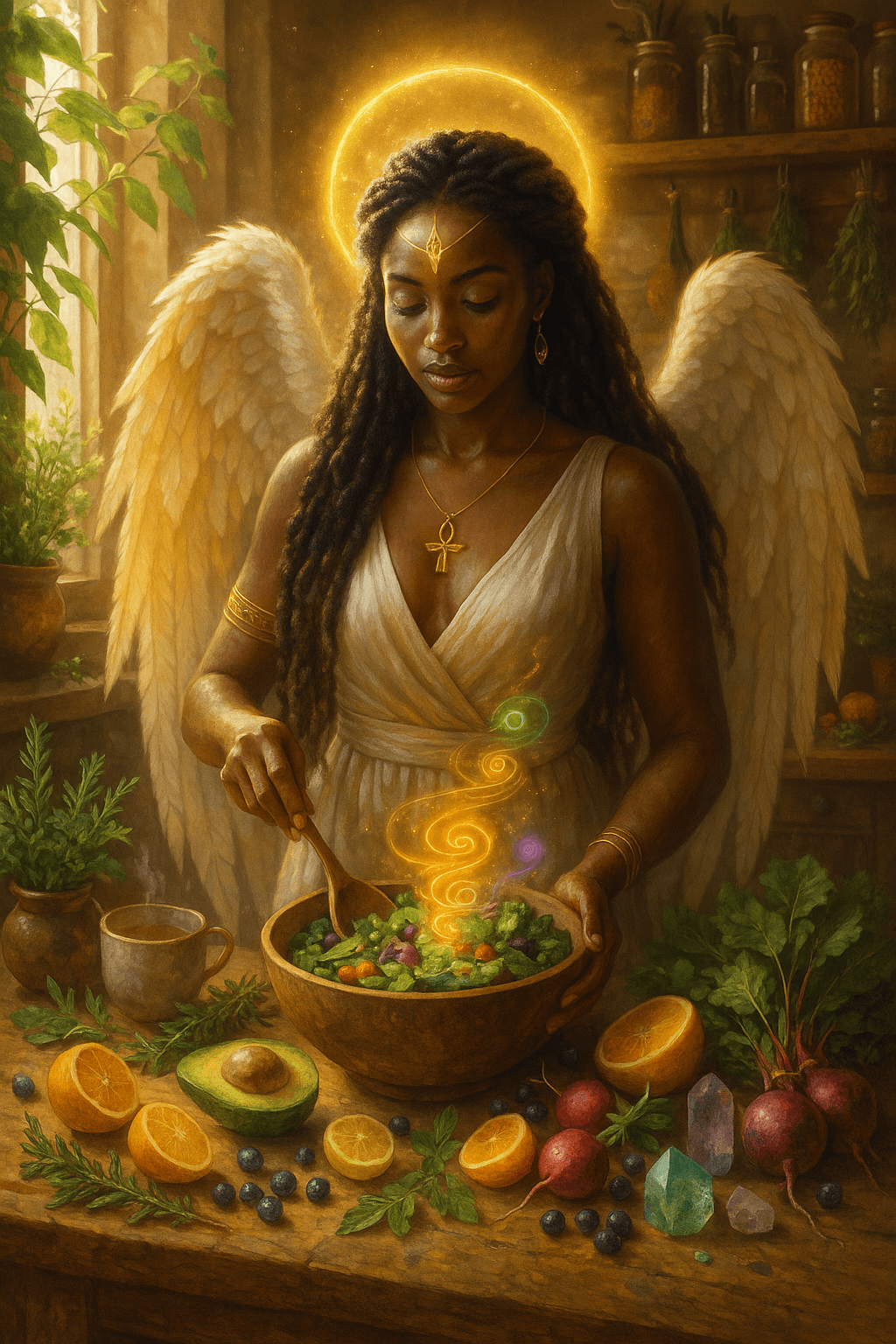 High-vibration lifestyle banner showing fresh fruits, herbs, and glowing energy