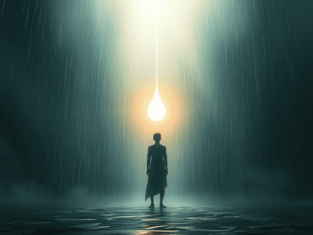 The Spiritual Significance of Tears 3 Person in a rainstorm, glowing heart tear
