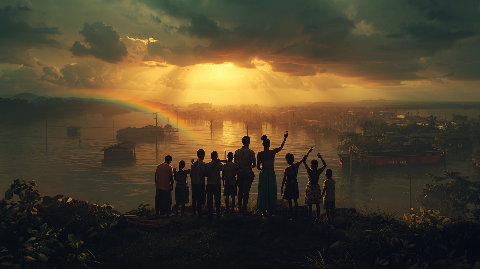 Jamaican men, women and children standing together at sunrise after flooding.